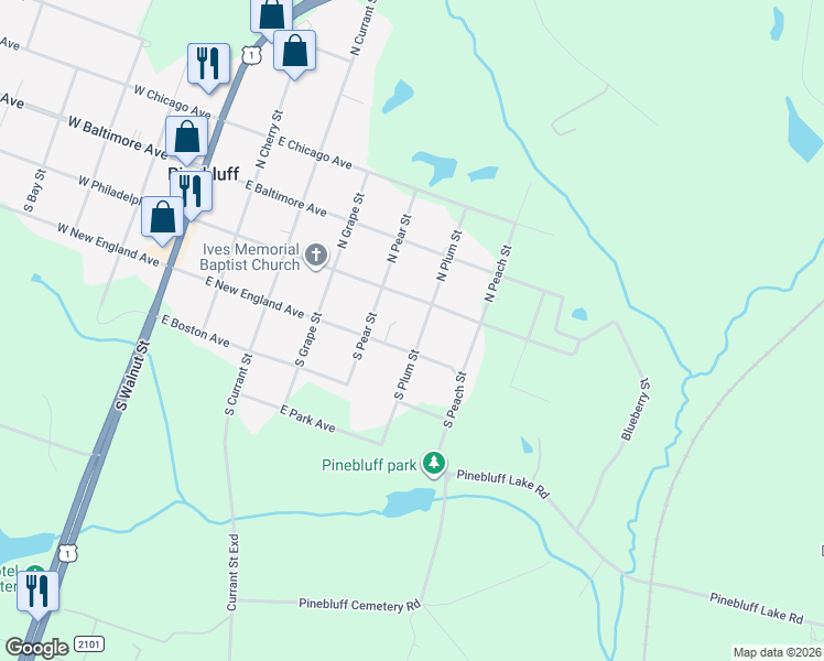 map of restaurants, bars, coffee shops, grocery stores, and more near 155 South Plum Street in Pinebluff