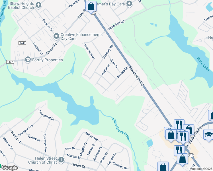 map of restaurants, bars, coffee shops, grocery stores, and more near 1110 Brenda Drive in Fayetteville
