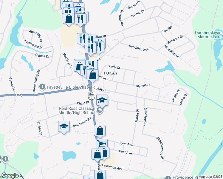map of restaurants, bars, coffee shops, grocery stores, and more near 215 Tokay Drive in Fayetteville