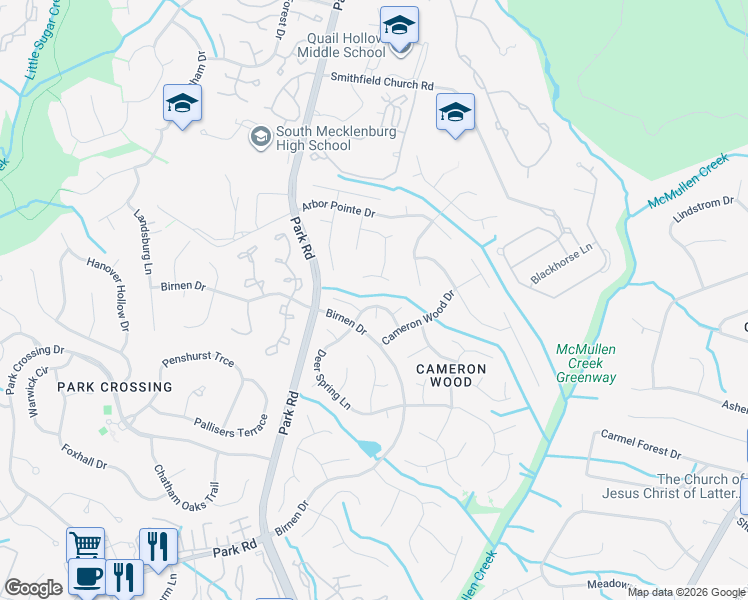 map of restaurants, bars, coffee shops, grocery stores, and more near 9221 Deer Spring Lane in Charlotte
