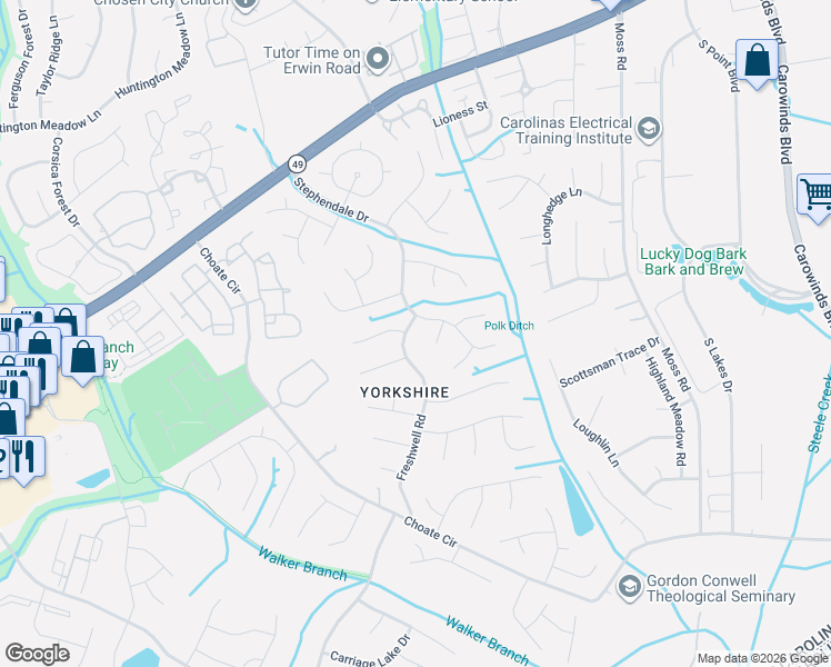 map of restaurants, bars, coffee shops, grocery stores, and more near 12025 Freshwell Road in Charlotte