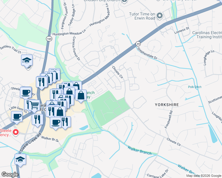 map of restaurants, bars, coffee shops, grocery stores, and more near 13512 Choate Circle in Charlotte