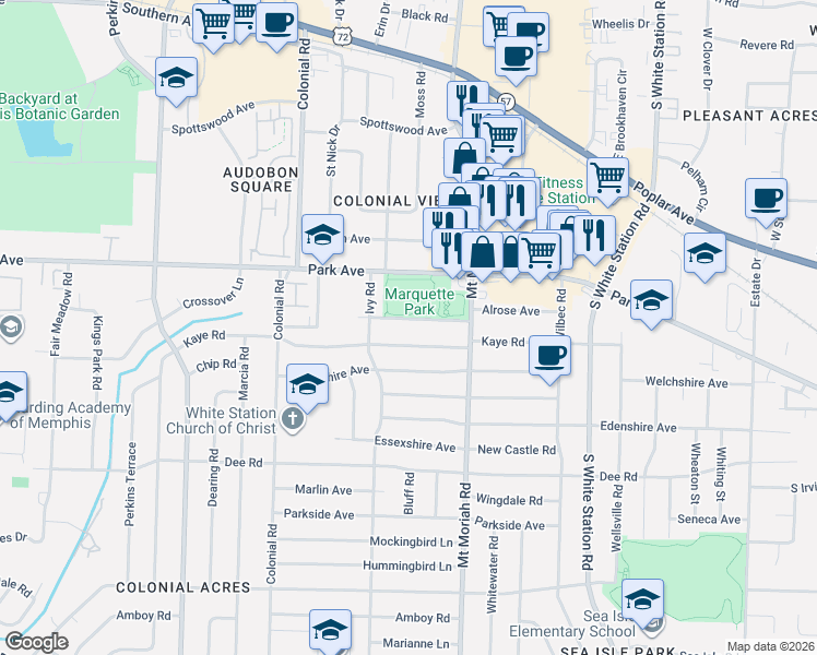 map of restaurants, bars, coffee shops, grocery stores, and more near 4916 Kaye Road in Memphis