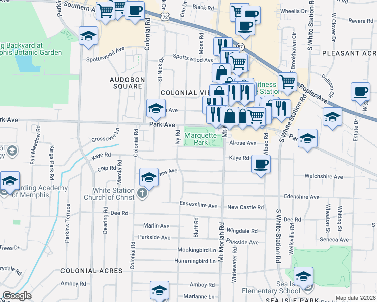 map of restaurants, bars, coffee shops, grocery stores, and more near 4916 Kaye Road in Memphis