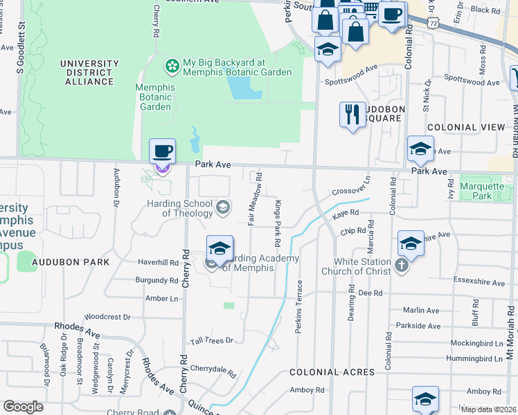 map of restaurants, bars, coffee shops, grocery stores, and more near 998 Fair Meadow Road in Memphis