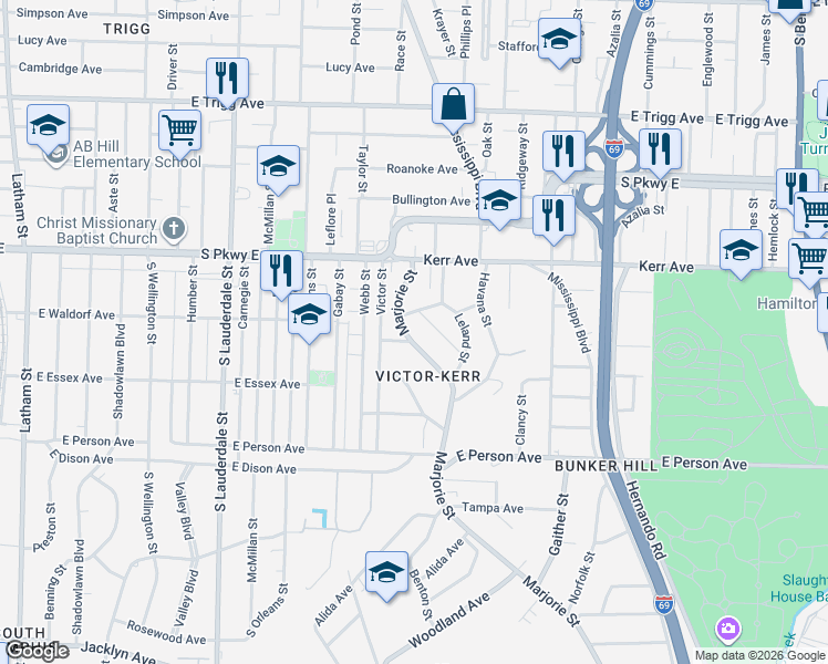 map of restaurants, bars, coffee shops, grocery stores, and more near 1560 Marjorie Street in Memphis
