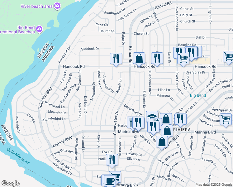 map of restaurants, bars, coffee shops, grocery stores, and more near 1865 Granada Drive in Bullhead City