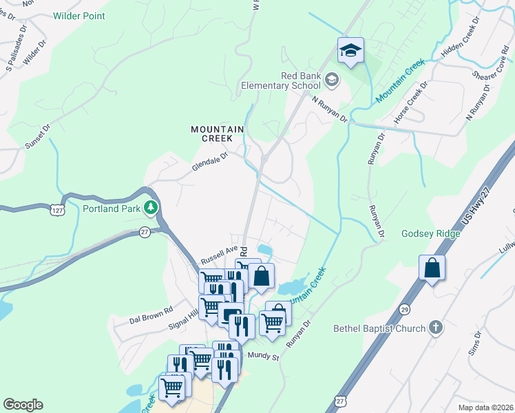 map of restaurants, bars, coffee shops, grocery stores, and more near 900 Mountain Creek Road in Chattanooga