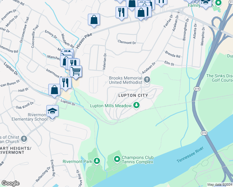 map of restaurants, bars, coffee shops, grocery stores, and more near 3571 Crompton Street in Chattanooga