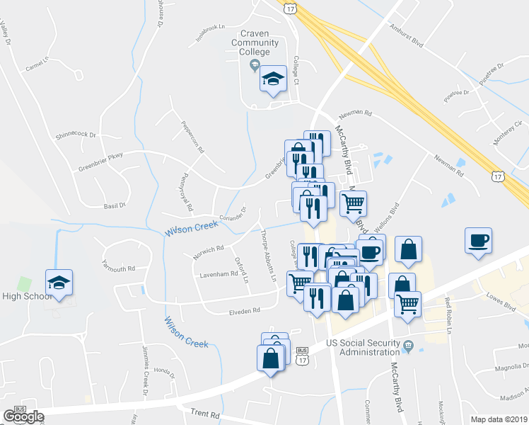 map of restaurants, bars, coffee shops, grocery stores, and more near 1604 Queens Court in New Bern