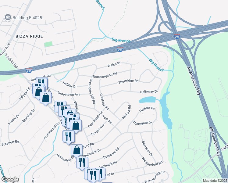 map of restaurants, bars, coffee shops, grocery stores, and more near 6410 Fenwick Place in Fayetteville