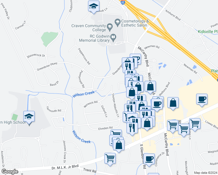 map of restaurants, bars, coffee shops, grocery stores, and more near 1605 Queens Court in New Bern