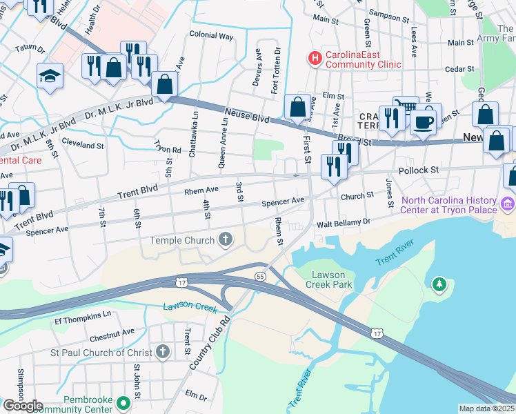 map of restaurants, bars, coffee shops, grocery stores, and more near 1413 Spencer Avenue in New Bern