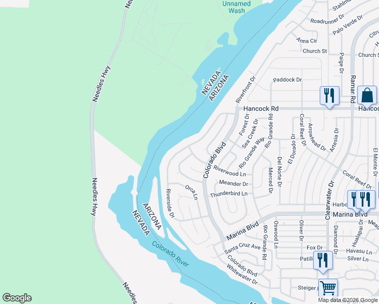 map of restaurants, bars, coffee shops, grocery stores, and more near 186 Tanglewood Lane in Bullhead City