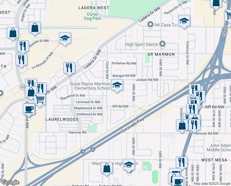 map of restaurants, bars, coffee shops, grocery stores, and more near 6401 Iliff Road Northwest in Albuquerque