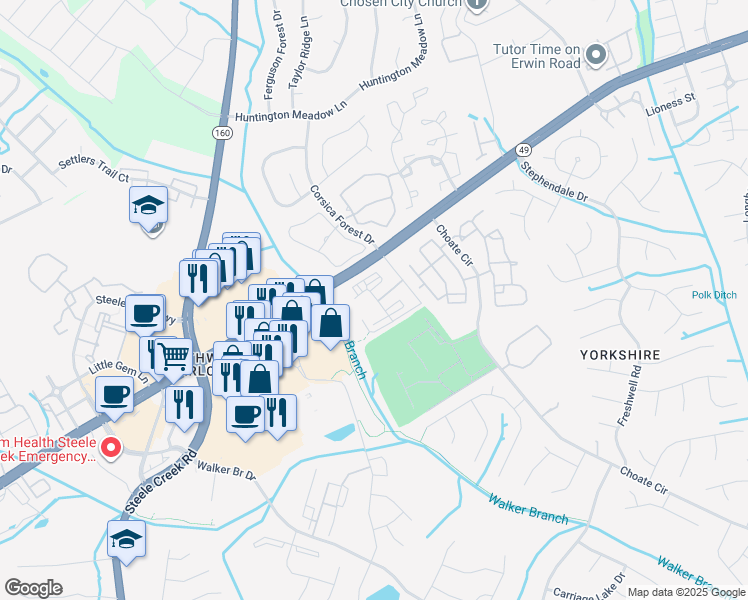 map of restaurants, bars, coffee shops, grocery stores, and more near 15507 Kenmare Hill Court in Charlotte
