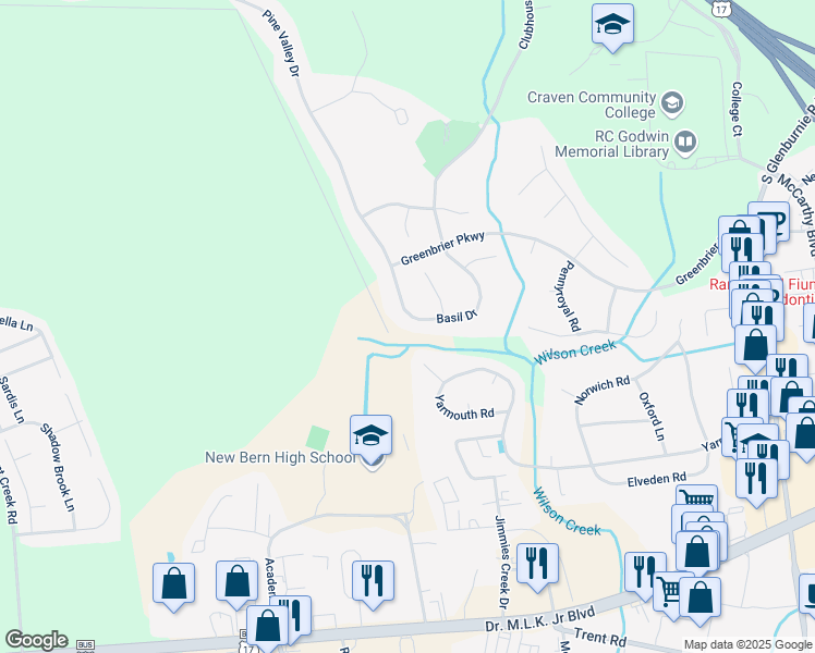 map of restaurants, bars, coffee shops, grocery stores, and more near 1107 Basil Drive in New Bern