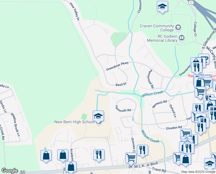 map of restaurants, bars, coffee shops, grocery stores, and more near 1107 Basil Drive in New Bern