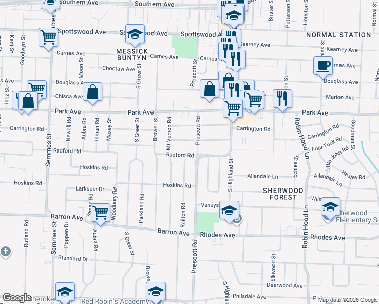 map of restaurants, bars, coffee shops, grocery stores, and more near 991 Prescott Road in Memphis