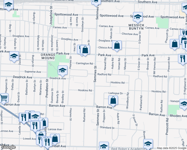 map of restaurants, bars, coffee shops, grocery stores, and more near 2993 South Radford Road in Memphis