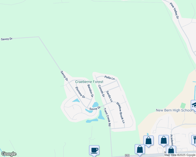 map of restaurants, bars, coffee shops, grocery stores, and more near 152 Corinth Drive in New Bern