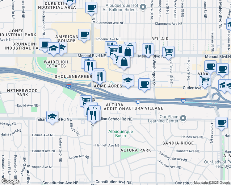 map of restaurants, bars, coffee shops, grocery stores, and more near in Albuquerque