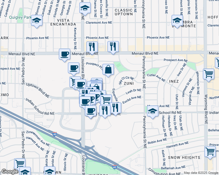 map of restaurants, bars, coffee shops, grocery stores, and more near 2112 Espanola Street Northeast in Albuquerque