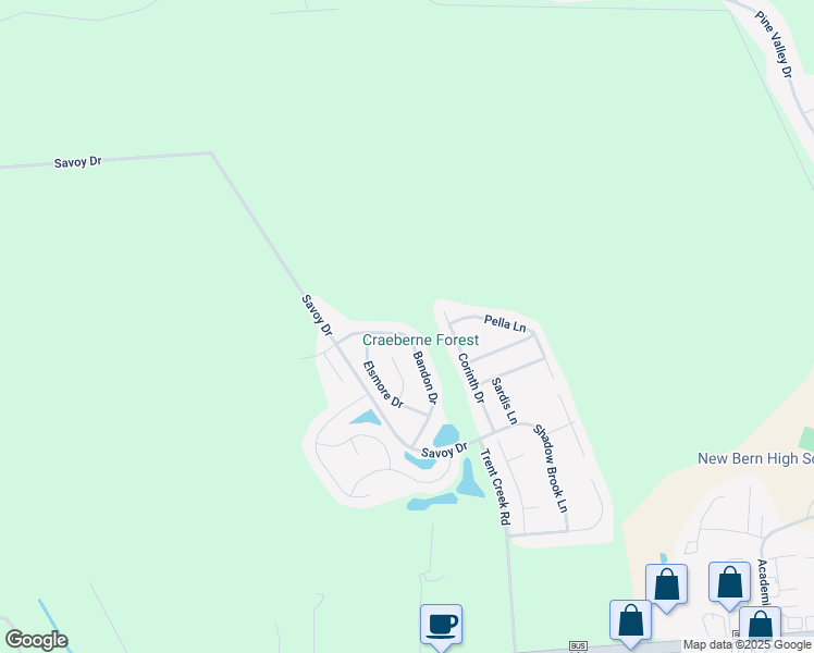 map of restaurants, bars, coffee shops, grocery stores, and more near 236 Bandon Drive in New Bern