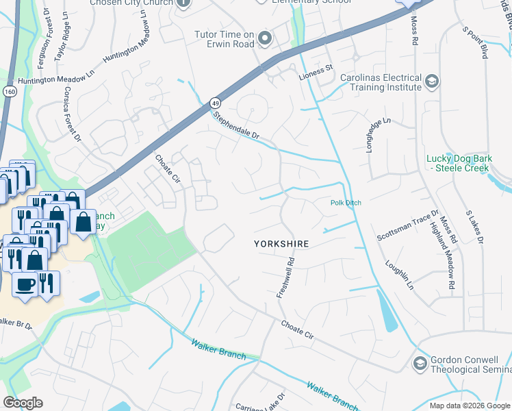 map of restaurants, bars, coffee shops, grocery stores, and more near 13624 Annsdale Lane in Charlotte