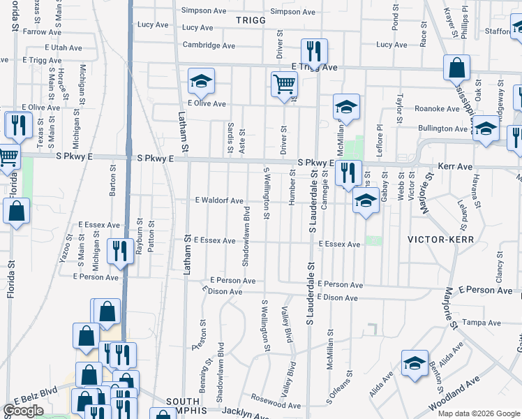 map of restaurants, bars, coffee shops, grocery stores, and more near 1560 South Wellington Street in Memphis