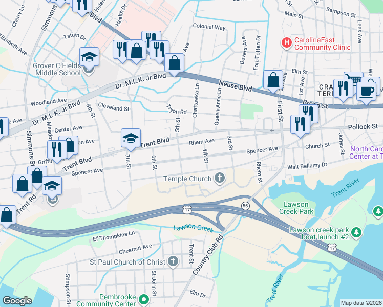 map of restaurants, bars, coffee shops, grocery stores, and more near 1609 Spencer Avenue in New Bern