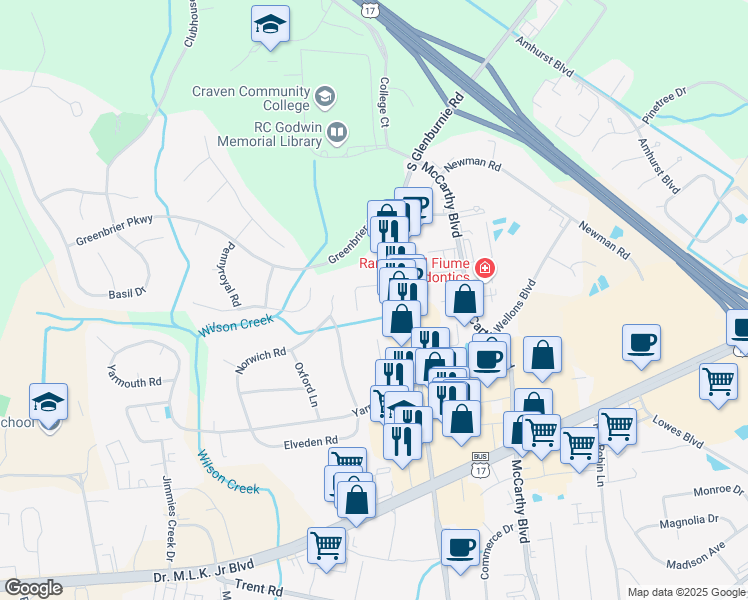 map of restaurants, bars, coffee shops, grocery stores, and more near 1507 Dartmouth Lane in New Bern