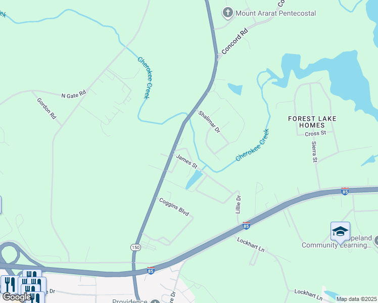 map of restaurants, bars, coffee shops, grocery stores, and more near 110-124 Windburg Drive in Gaffney
