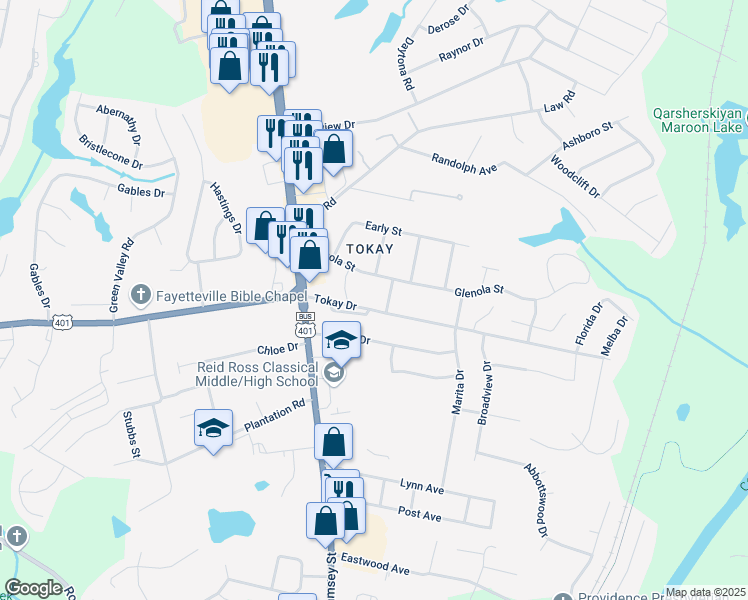 map of restaurants, bars, coffee shops, grocery stores, and more near 215 Tokay Drive in Fayetteville