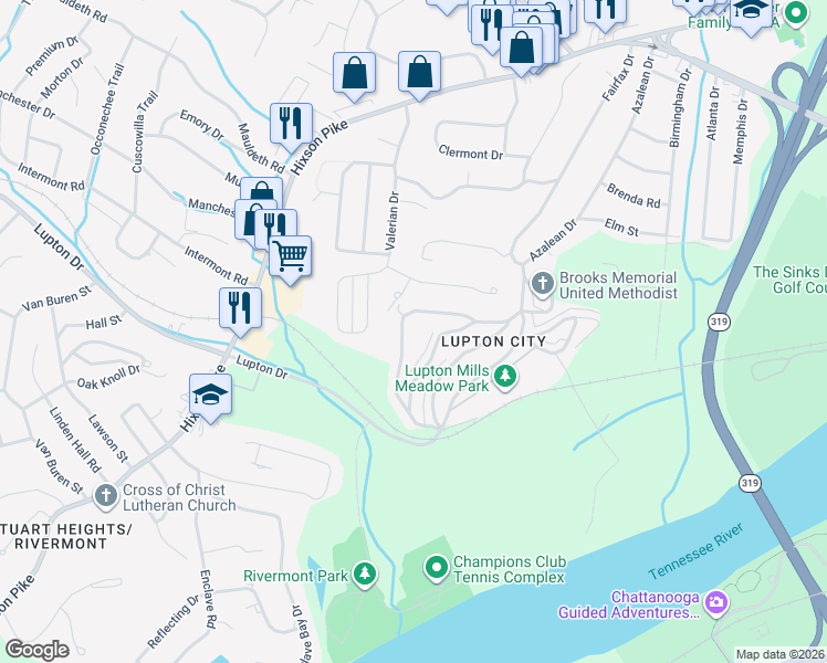 map of restaurants, bars, coffee shops, grocery stores, and more near 3506 Northrop Street in Chattanooga
