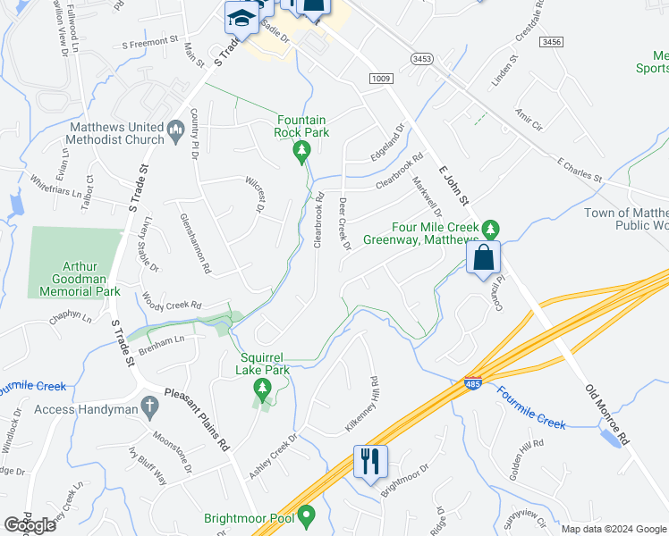 map of restaurants, bars, coffee shops, grocery stores, and more near 524 Vinecrest Drive in Matthews