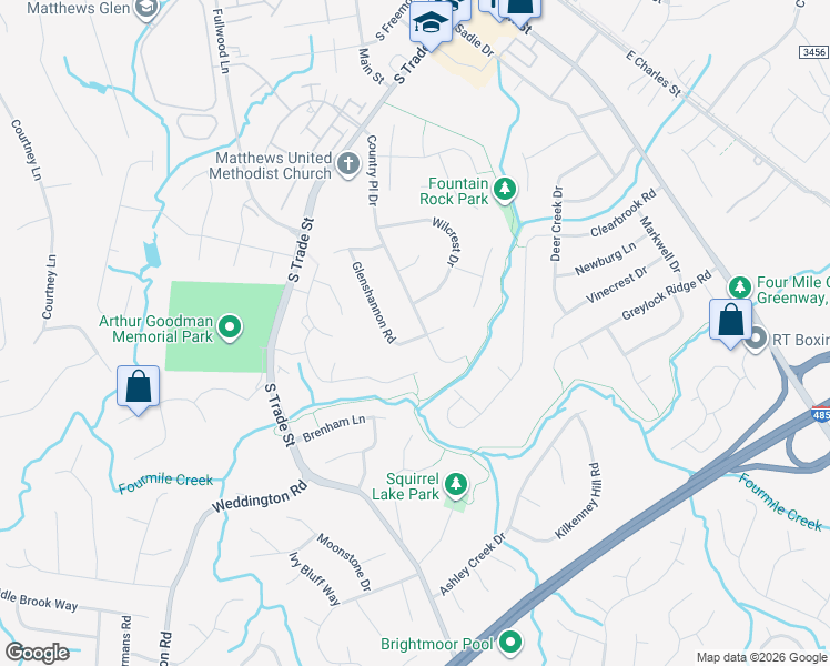 map of restaurants, bars, coffee shops, grocery stores, and more near 1146 Glenshannon Road in Matthews