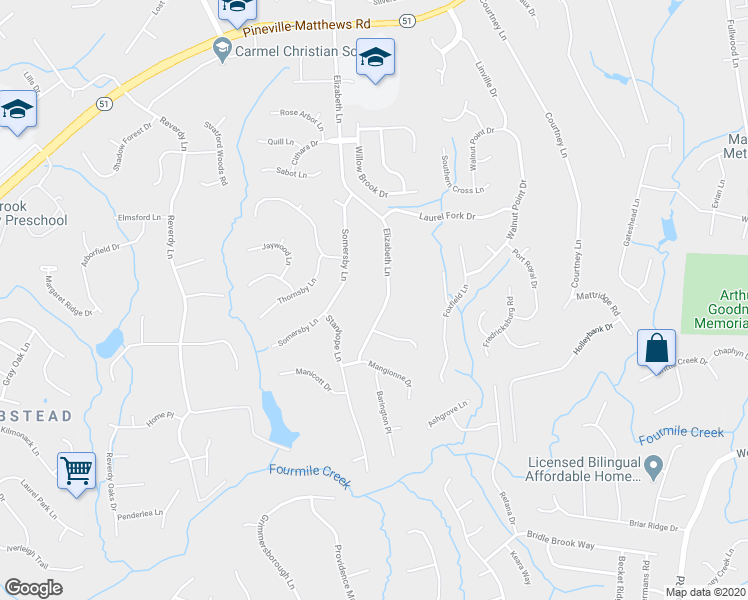 map of restaurants, bars, coffee shops, grocery stores, and more near 828 Elizabeth Lane in Matthews