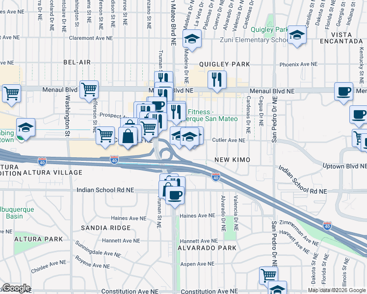map of restaurants, bars, coffee shops, grocery stores, and more near 5200 Cutler Avenue Northeast in Albuquerque