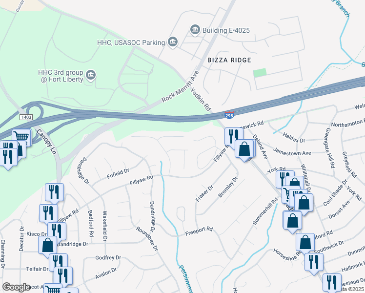 map of restaurants, bars, coffee shops, grocery stores, and more near 6476 Pittsfield Drive in Fayetteville