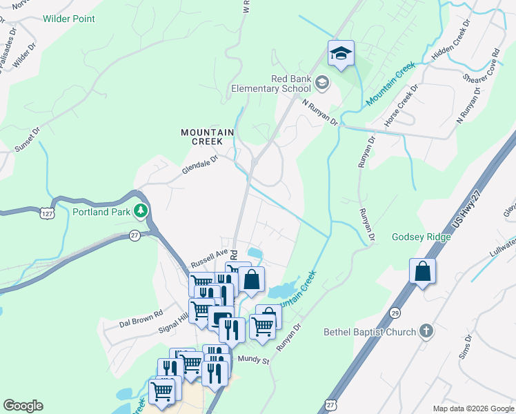 map of restaurants, bars, coffee shops, grocery stores, and more near 900 Mountain Creek Road in Chattanooga