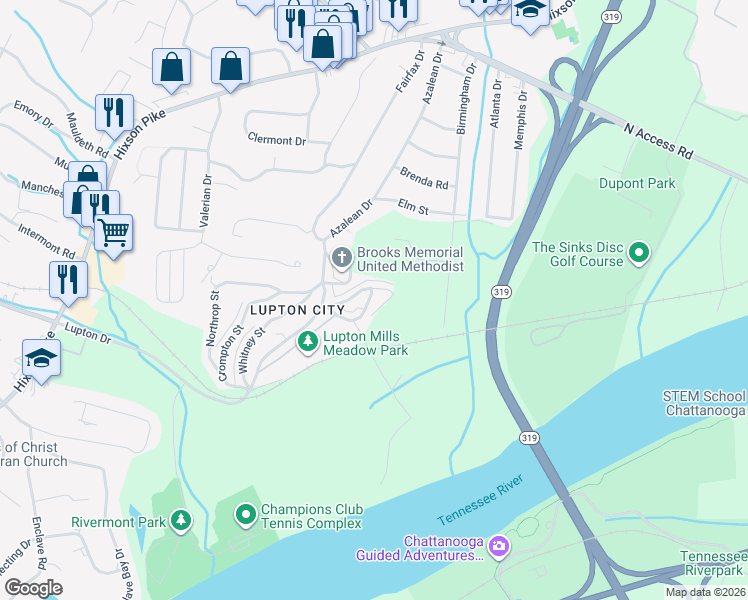 map of restaurants, bars, coffee shops, grocery stores, and more near 3826 Dixie Circle in Chattanooga