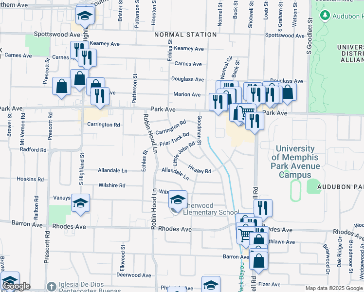 map of restaurants, bars, coffee shops, grocery stores, and more near 979 Little John Road in Memphis