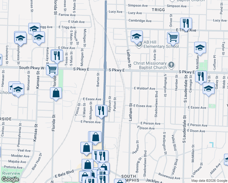 map of restaurants, bars, coffee shops, grocery stores, and more near 1571 Patton Street in Memphis