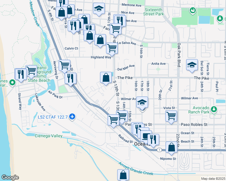 map of restaurants, bars, coffee shops, grocery stores, and more near 1277 Belridge Street in Oceano