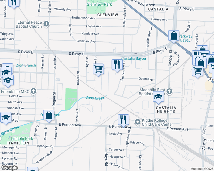 map of restaurants, bars, coffee shops, grocery stores, and more near 1514 Harlem Street in Memphis