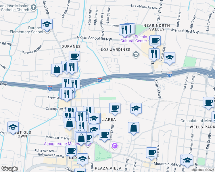 map of restaurants, bars, coffee shops, grocery stores, and more near 1101 Mis Abuelitos Drive Northwest in Albuquerque