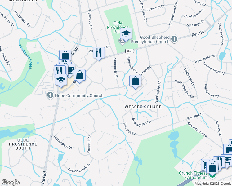 map of restaurants, bars, coffee shops, grocery stores, and more near 7340 Summerlin Place in Charlotte