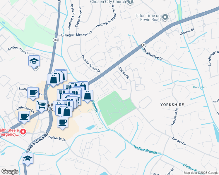 map of restaurants, bars, coffee shops, grocery stores, and more near 13512 Choate Circle in Charlotte