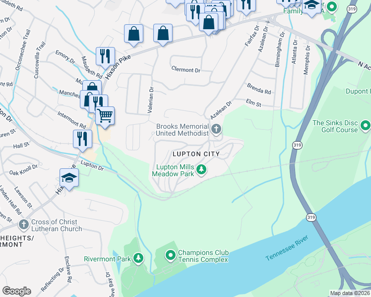 map of restaurants, bars, coffee shops, grocery stores, and more near 3473 Whitney Street in Chattanooga